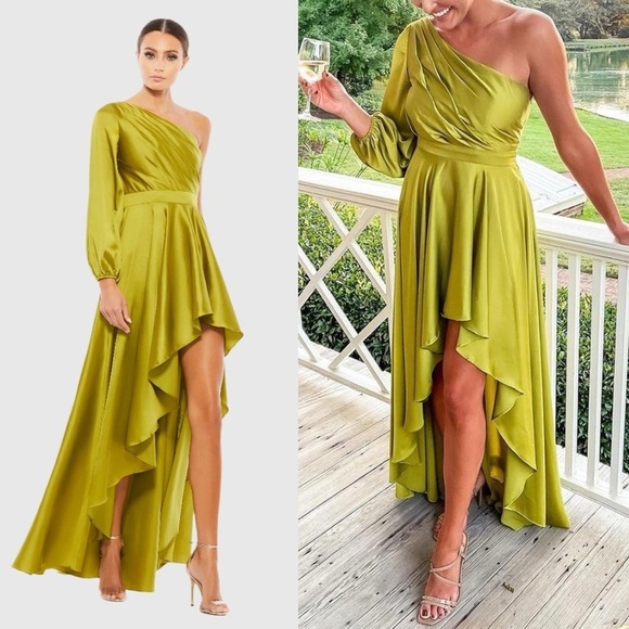 MAC DUGGAL Green High Low One Shoulder Flowy Gown in Chartreuse 2 - Picture 1 of 9